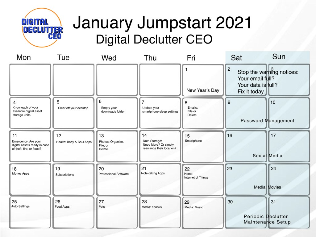Jan 2021 Digital Decluttering Calendar with each day filled with a different decluttering task.
