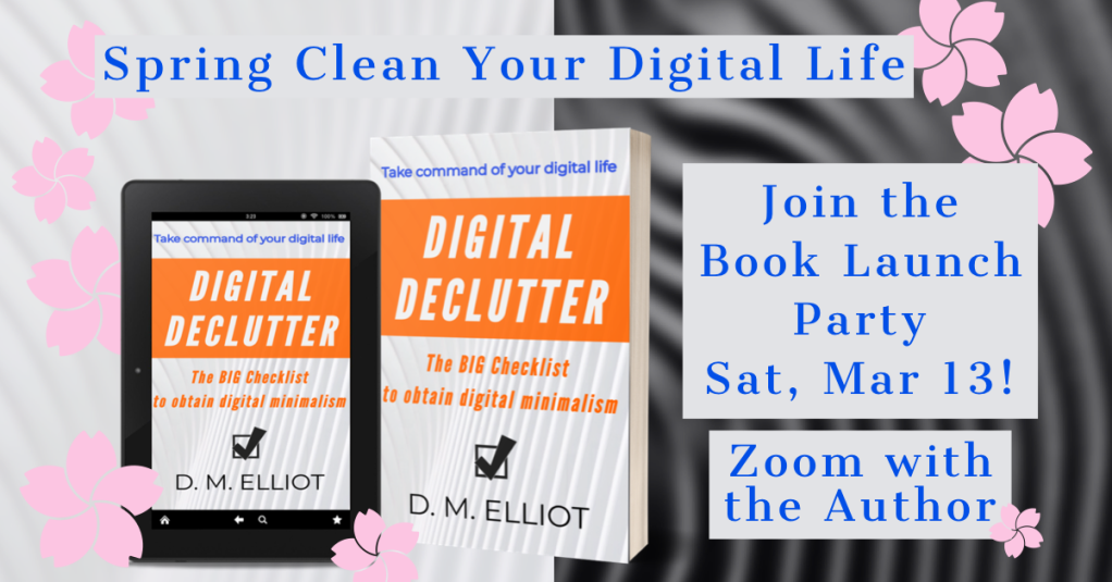Digital Declutter Book Cover decorated with sakura cherry blossoms for spring cleaning themed book launch