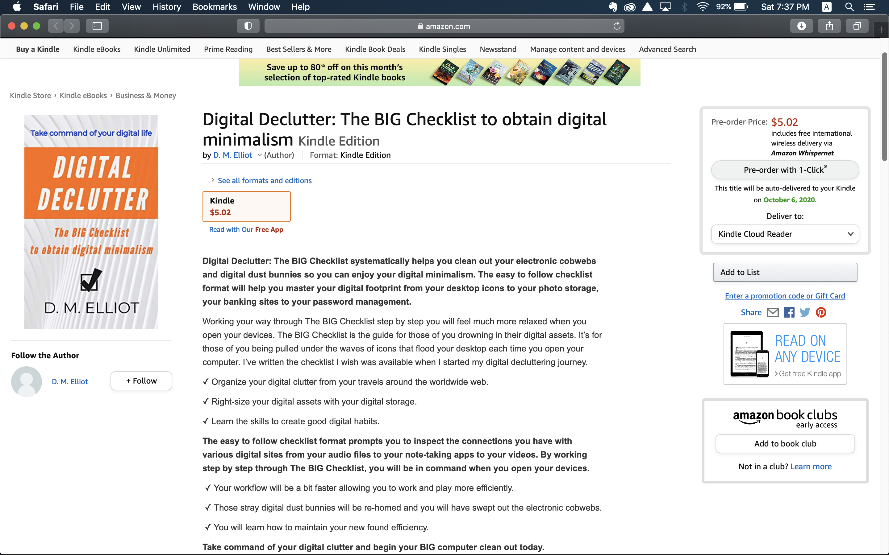 Screenshot of Amazon Kindle page to purchase Digital Declutter: The BIG Checklist to Obtain Digital Minimalism