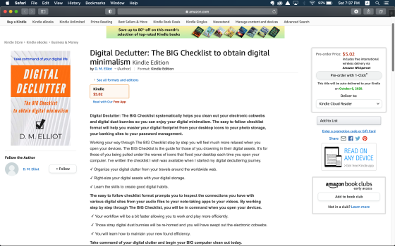 Screenshot of Amazon Kindle page to purchase Digital Declutter: The BIG Checklist to Obtain Digital Minimalism